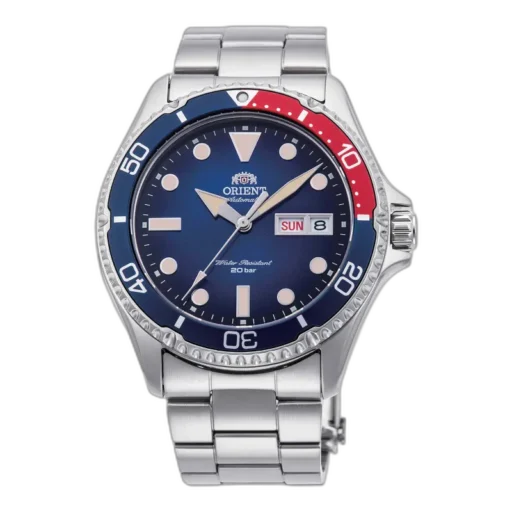 Męski zegarek Orient RA-AA0812L19B z automatycznym mechanizmem, granatową tarczą i dwukolorowym pierścieniem Pepsi. Wodoodporny do 200 metrów, wyposażony w datownik i stalową bransoletę. Idealny dla miłośników nurkowania i eleganckiego stylu.
