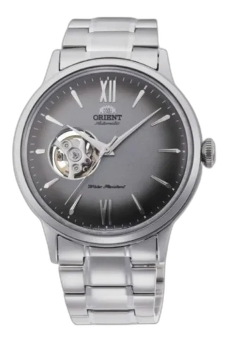 Męski zegarek Orient RA-AG0029N10B z automatycznym mechanizmem, stalową bransoletą i elegancką szarą tarczą typu Open Heart. Subtelny design z widocznym mechanizmem i klasycznymi indeksami. Idealny wybór dla stylowego mężczyzny.