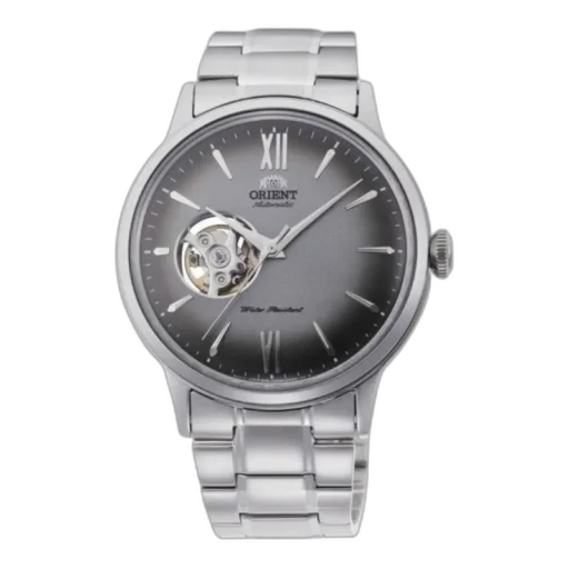 Męski zegarek Orient RA-AG0029N10B z automatycznym mechanizmem, stalową bransoletą i elegancką szarą tarczą typu Open Heart. Subtelny design z widocznym mechanizmem i klasycznymi indeksami. Idealny wybór dla stylowego mężczyzny.