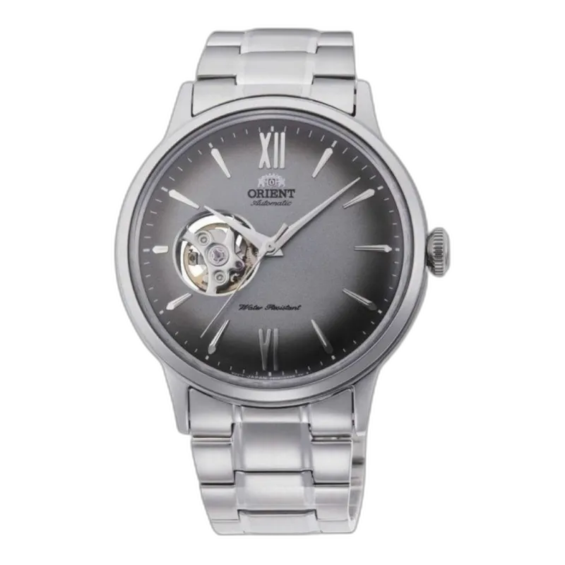 Męski zegarek Orient RA-AG0029N10B z automatycznym mechanizmem, stalową bransoletą i elegancką szarą tarczą typu Open Heart. Subtelny design z widocznym mechanizmem i klasycznymi indeksami. Idealny wybór dla stylowego mężczyzny.