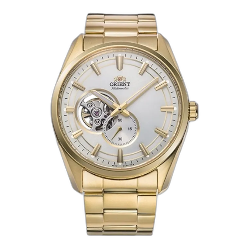 Męski zegarek Orient RA-AR0007S10B z automatycznym mechanizmem, złotą bransoletą i elegancką tarczą typu Open Heart. Stylowy design z widocznym mechanizmem i subtelny wskaźnik sekund. Idealny do formalnych i codziennych stylizacji.