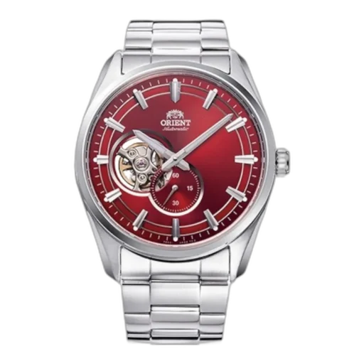 Męski zegarek Orient RA-AR0010R10B z automatycznym mechanizmem, stalową bransoletą i efektowną czerwoną tarczą typu Open Heart. Elegancki design z widocznym mechanizmem i subtelnym wskaźnikiem sekund. Idealny dla miłośników klasyki i precyzji.