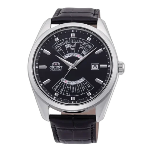 Zegarek Orient RA-BA0006B10B Automatic z elegancką czarną tarczą i wiecznym kalendarzem. Wyposażony w mechanizm automatyczny, stalową kopertę i skórzany pasek. Doskonały wybór dla osób ceniących klasyczny styl i funkcjonalność.
