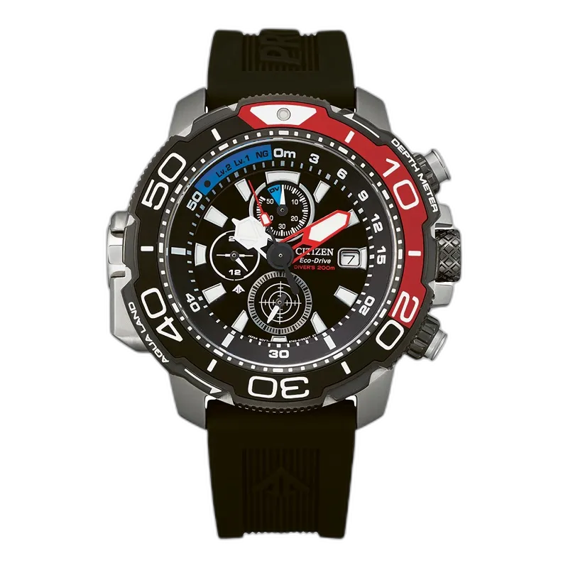 Męski zegarek Citizen Eco-Drive Divers BJ2167-03E z czarnym paskiem z tworzywa sztucznego, czerwono-niebieską ramką i funkcją chronografu. Wyposażony w mechanizm Eco-Drive zasilany światłem słonecznym, wodoodporność 200 m oraz wskaźnik głębokości. Doskonały wybór dla miłośników nurkowania i sportowego designu.