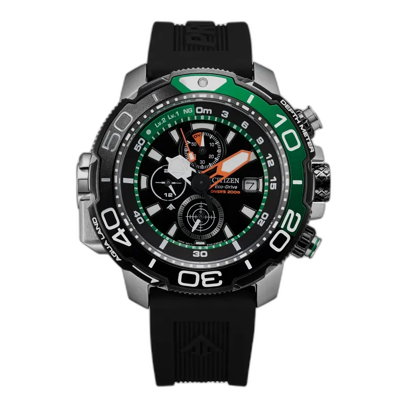 Męski zegarek Citizen Eco-Drive Divers BJ2168-01E z czarnym paskiem z tworzywa sztucznego, zielono-czarną ramką i funkcją chronografu. Mechanizm Eco-Drive zasilany energią słoneczną, wodoodporność do 200 metrów i wskaźnik głębokości. Idealny zegarek dla nurków i entuzjastów sportowego stylu.