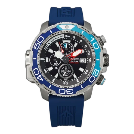 Męski zegarek Citizen Eco-Drive Divers BJ2169-08E z niebieskim paskiem z tworzywa sztucznego, czarną tarczą i funkcją chronografu. Wodoodporność do 200 metrów, wskaźnik głębokości, mechanizm Eco-Drive zasilany energią słoneczną. Idealny wybór dla profesjonalnych nurków i miłośników sportowego stylu.