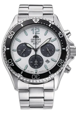 Stylowy zegarek męski Orient Chronograph RA-TX0203S10B z białą tarczą i czarnymi akcentami. Wyposażony w stalową bransoletę, funkcję chronografu, wodoodporność do 20 barów oraz precyzyjny mechanizm kwarcowy. Idealny wybór dla miłośników sportowej elegancji i niezawodności.