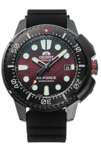 Zegarek Orient M-Force Diver's 200M RA-AC0L09R00B z czerwono-czarną tarczą, luminescencyjnymi indeksami i automatycznym mechanizmem. Wodoodporność do 200 m i wytrzymała konstrukcja idealna dla nurków.