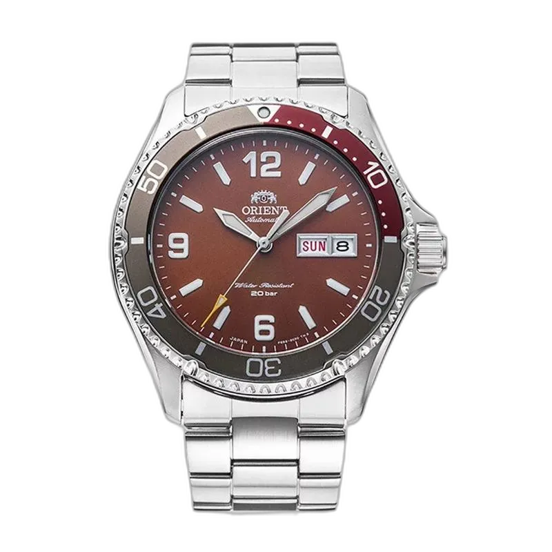 Męski zegarek Orient RA-AA0820R19B z czerwoną tarczą, stalową bransoletą i klasą wodoodporności 20 bar. Wyrafinowany design dla aktywnych mężczyzn.