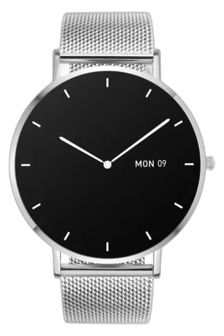 Smartwatch Garett Verona w srebrnej kopercie z czarną tarczą i stalową bransoletą typu mesh. Wyposażony w datownik oraz funkcje monitorowania zdrowia. Idealny dla osób ceniących elegancję i nowoczesną technologię.