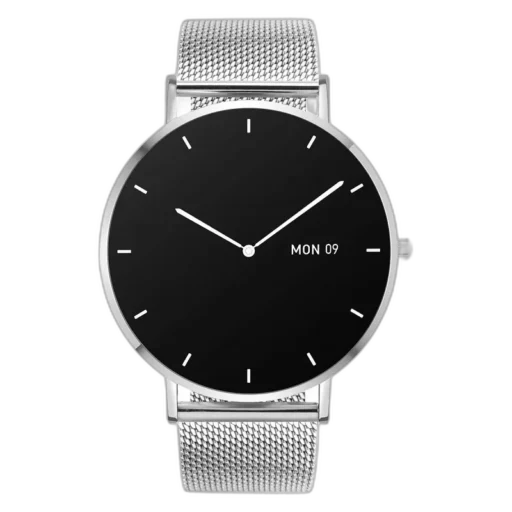 Smartwatch Garett Verona w srebrnej kopercie z czarną tarczą i stalową bransoletą typu mesh. Wyposażony w datownik oraz funkcje monitorowania zdrowia. Idealny dla osób ceniących elegancję i nowoczesną technologię.