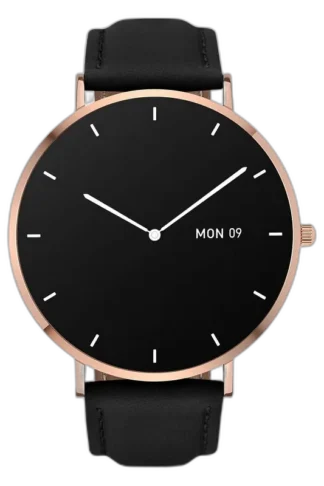 Smartwatch Garett Verona w złotej kopercie z czarną tarczą i skórzanym paskiem. Wyposażony w funkcje monitorowania zdrowia oraz datownik. Idealny wybór dla osób ceniących styl i funkcjonalność.