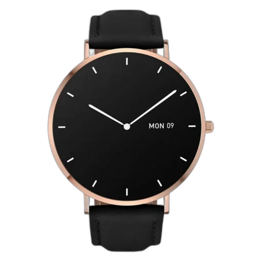 Smartwatch Garett Verona w złotej kopercie z czarną tarczą i skórzanym paskiem. Wyposażony w funkcje monitorowania zdrowia oraz datownik. Idealny wybór dla osób ceniących styl i funkcjonalność.