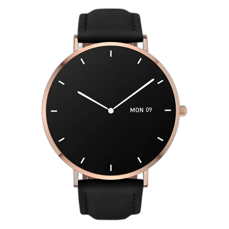 Smartwatch Garett Verona w złotej kopercie z czarną tarczą i skórzanym paskiem. Wyposażony w funkcje monitorowania zdrowia oraz datownik. Idealny wybór dla osób ceniących styl i funkcjonalność.