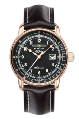 Męski zegarek Zeppelin 100 Jahre 7654-2 Automatic z czarną tarczą i złotą kopertą w kolorze różowego złota. Wyposażony w brązowy skórzany pasek z przeszyciami, datownik oraz precyzyjny mechanizm automatyczny. Wyprodukowany w Niemczech, łączący klasykę z wyrafinowaną elegancją.