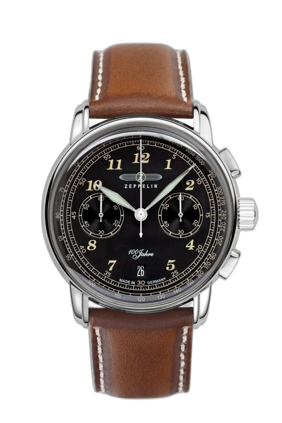 Zegarek męski Zeppelin 100 Jahre 7674-3 z czarną tarczą, funkcją chronografu i datownikiem, na eleganckim brązowym skórzanym pasku z przeszyciami, wyprodukowany w Niemczech z okazji 100-lecia marki.