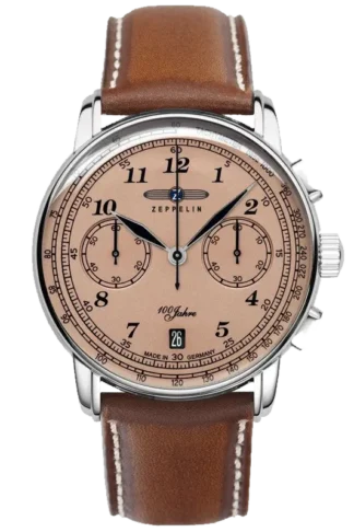 Zegarek Zeppelin 100 Jahre 7674-5 z elegancką beżową tarczą i stalową kopertą. Wyposażony w chronograf z trzema sub-tarczami oraz funkcję datownika. Brązowy skórzany pasek z kontrastowymi przeszyciami idealnie współgra z klasycznym designem zegarka, nawiązującym do stuletniej tradycji marki Zeppelin.