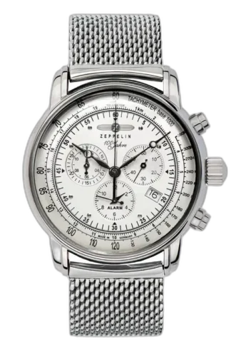 Zegarek męski Zeppelin 100 Jahre 7680M-1 z białą tarczą, funkcjami chronografu, tachometrem, alarmem i datownikiem, na eleganckiej srebrnej bransolecie mesh, klasyczny czasomierz wyprodukowany w Niemczech.