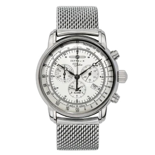 Zegarek męski Zeppelin 100 Jahre 7680M-1 z białą tarczą, funkcjami chronografu, tachometrem, alarmem i datownikiem, na eleganckiej srebrnej bransolecie mesh, klasyczny czasomierz wyprodukowany w Niemczech.