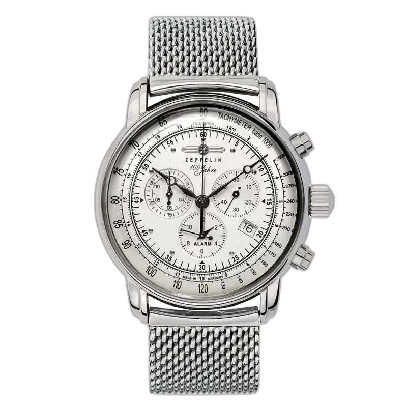 Zegarek męski Zeppelin 100 Jahre 7680M-1 z białą tarczą, funkcjami chronografu, tachometrem, alarmem i datownikiem, na eleganckiej srebrnej bransolecie mesh, klasyczny czasomierz wyprodukowany w Niemczech.