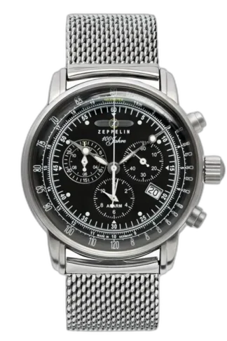 Elegancki zegarek Zeppelin 100 Jahre 7680M-2 Quarz z czarną tarczą i stalową bransoletą typu mesh. Wyposażony w chronograf, datownik oraz funkcję alarmu. Subtelne detale i precyzyjny niemiecki mechanizm kwarcowy podkreślają jakość i klasyczny design.