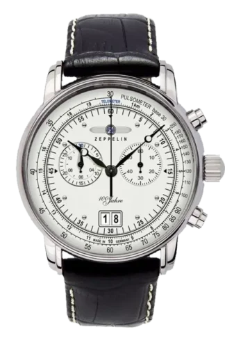 Wyjątkowy zegarek Zeppelin 100 Jahre 7690-1 z jasną tarczą, chronografem oraz funkcją pulsomierza. Czarna skórzana bransoleta kontrastuje z klasycznym, precyzyjnie zaprojektowanym cyferblatem. Model wyposażony w datownik na godzinie szóstej. Doskonały wybór dla miłośników elegancji i funkcjonalności. Made in Germany.