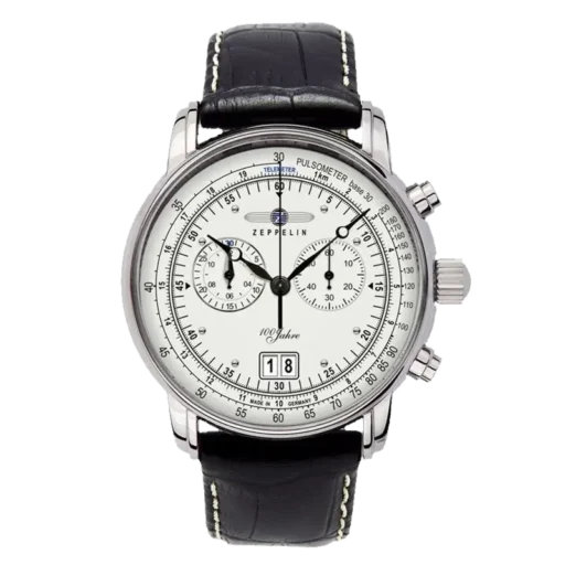 Wyjątkowy zegarek Zeppelin 100 Jahre 7690-1 z jasną tarczą, chronografem oraz funkcją pulsomierza. Czarna skórzana bransoleta kontrastuje z klasycznym, precyzyjnie zaprojektowanym cyferblatem. Model wyposażony w datownik na godzinie szóstej. Doskonały wybór dla miłośników elegancji i funkcjonalności. Made in Germany.