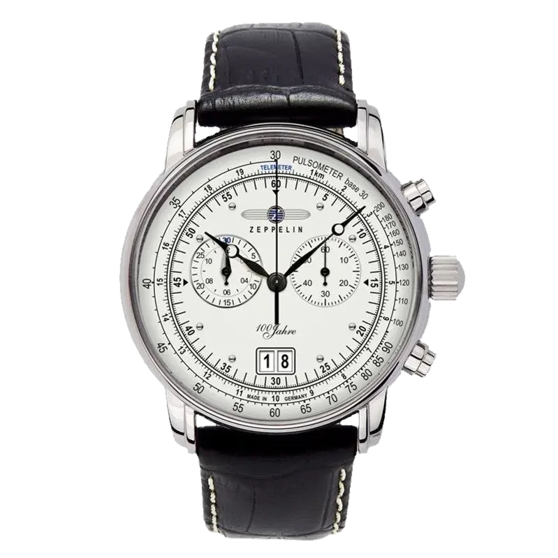 Wyjątkowy zegarek Zeppelin 100 Jahre 7690-1 z jasną tarczą, chronografem oraz funkcją pulsomierza. Czarna skórzana bransoleta kontrastuje z klasycznym, precyzyjnie zaprojektowanym cyferblatem. Model wyposażony w datownik na godzinie szóstej. Doskonały wybór dla miłośników elegancji i funkcjonalności. Made in Germany.
