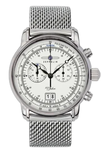 Zegarek Zeppelin 100 Jahre 7690M-1 Chronograph z elegancką białą tarczą i stalową bransoletą typu mesh. Wyposażony w funkcje chronografu, datownik oraz skalę pulsometr. Precyzyjne niemieckie wykonanie, idealne połączenie stylu i funkcjonalności.