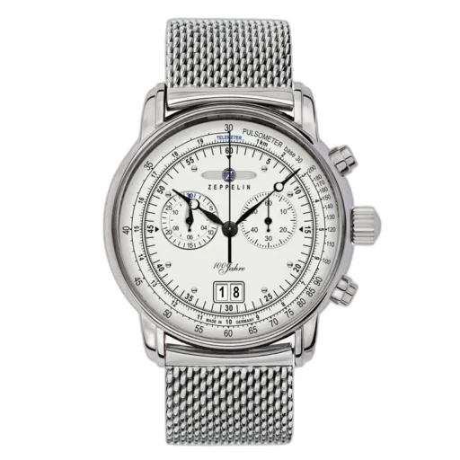 Zegarek Zeppelin 100 Jahre 7690M-1 Chronograph z elegancką białą tarczą i stalową bransoletą typu mesh. Wyposażony w funkcje chronografu, datownik oraz skalę pulsometr. Precyzyjne niemieckie wykonanie, idealne połączenie stylu i funkcjonalności.