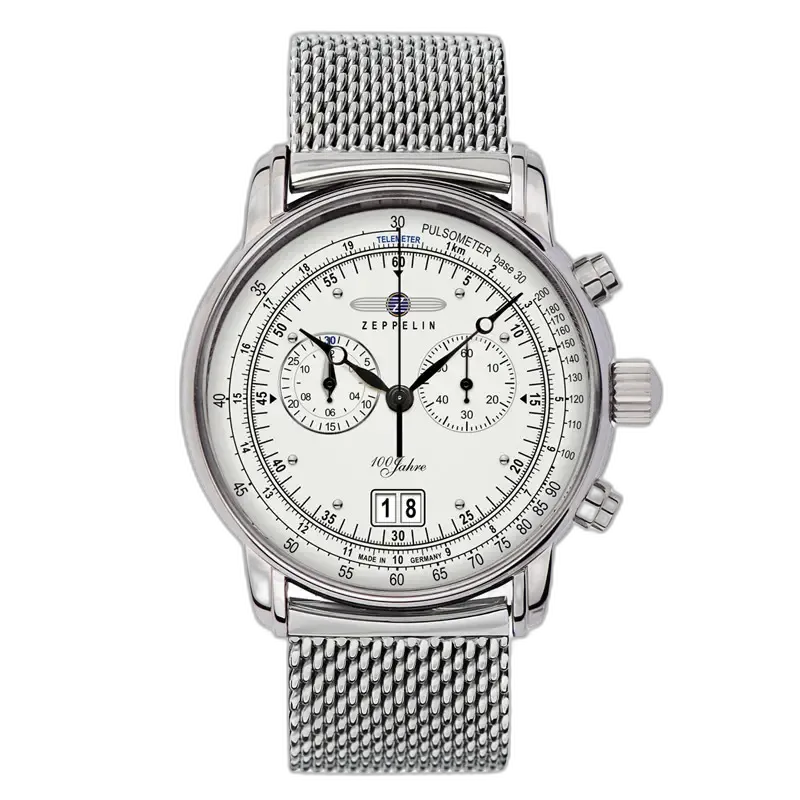 Zegarek Zeppelin 100 Jahre 7690M-1 Chronograph z elegancką białą tarczą i stalową bransoletą typu mesh. Wyposażony w funkcje chronografu, datownik oraz skalę pulsometr. Precyzyjne niemieckie wykonanie, idealne połączenie stylu i funkcjonalności.