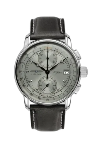 Wyrafinowany zegarek Zeppelin 100 Jahre 8670-0 z jasnoszarą tarczą, chronografem i datownikiem. Koperta ze stali nierdzewnej zestawiona z eleganckim czarnym skórzanym paskiem. Klasyczny styl i precyzja wykonania, idealne na formalne i codzienne okazje.
