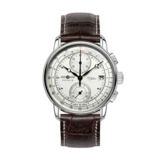 Klasyczny zegarek Zeppelin 100 Jahre 8670-1 z jasną tarczą, chronografem i datownikiem. Wyposażony w elegancki brązowy skórzany pasek i stalową kopertę. Precyzyjne detale i niemiecka jakość z kolekcji jubileuszowej na 100-lecie marki Zeppelin