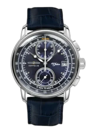 Elegancki zegarek Zeppelin 100 Jahre 8670-3 z funkcją chronografu, granatową tarczą i granatowym skórzanym paskiem. Idealny na wyjątkowe okazje.