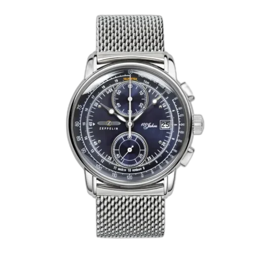 Zegarek Zeppelin 100 Jahre 8670M-3 z granatową tarczą i eleganckim srebrnym stalowym paskiem typu mesh. Chronograf z funkcjami datownika i telemetru, ozdobiony detalami z okazji 100-lecia marki Zeppelin. Precyzyjne niemieckie wykonanie i stylowy, klasyczny design nawiązujący do lotniczego dziedzictwa.