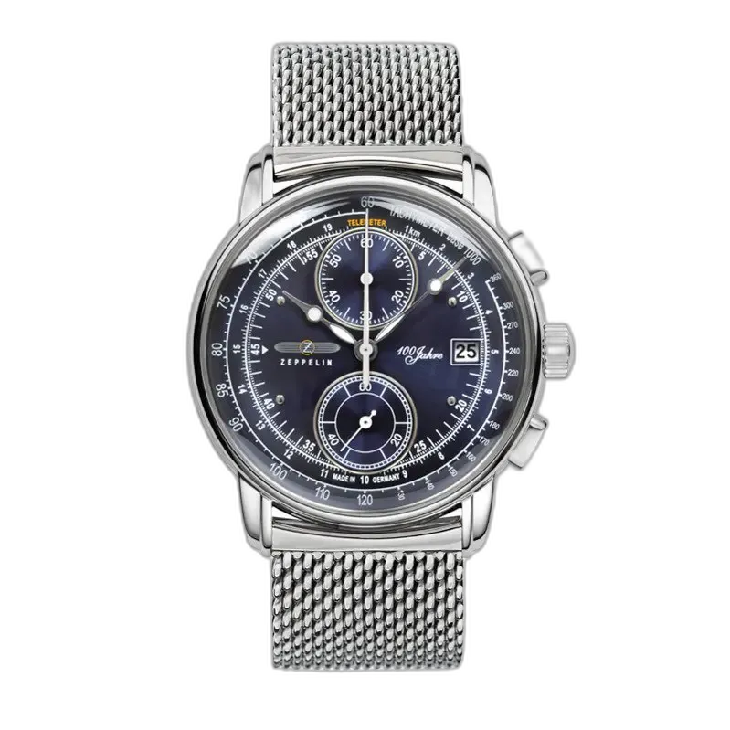 Zegarek Zeppelin 100 Jahre 8670M-3 z granatową tarczą i eleganckim srebrnym stalowym paskiem typu mesh. Chronograf z funkcjami datownika i telemetru, ozdobiony detalami z okazji 100-lecia marki Zeppelin. Precyzyjne niemieckie wykonanie i stylowy, klasyczny design nawiązujący do lotniczego dziedzictwa.