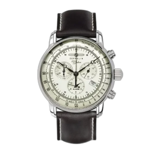 Stylowy zegarek Zeppelin 100 Jahre 8680-3 z jasną tarczą, funkcją chronografu, alarmem oraz eleganckim skórzanym paskiem w kolorze ciemnego brązu. Model stworzony na 100-lecie marki Zeppelin, łączący precyzyjną niemiecką technologię z klasycznym wzornictwem.