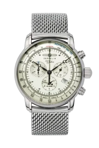 Klasyczny zegarek Zeppelin 100 Jahre 8680M-3 z jasną tarczą i srebrnym bransoletkowym paskiem typu mesh. Wyposażony w tachymetr, alarm, chronograf oraz datownik, który dodaje funkcjonalności. Niemiecka precyzja i elegancja w wyjątkowym jubileuszowym designie. Idealny dla osób ceniących klasyczne i praktyczne rozwiązania.