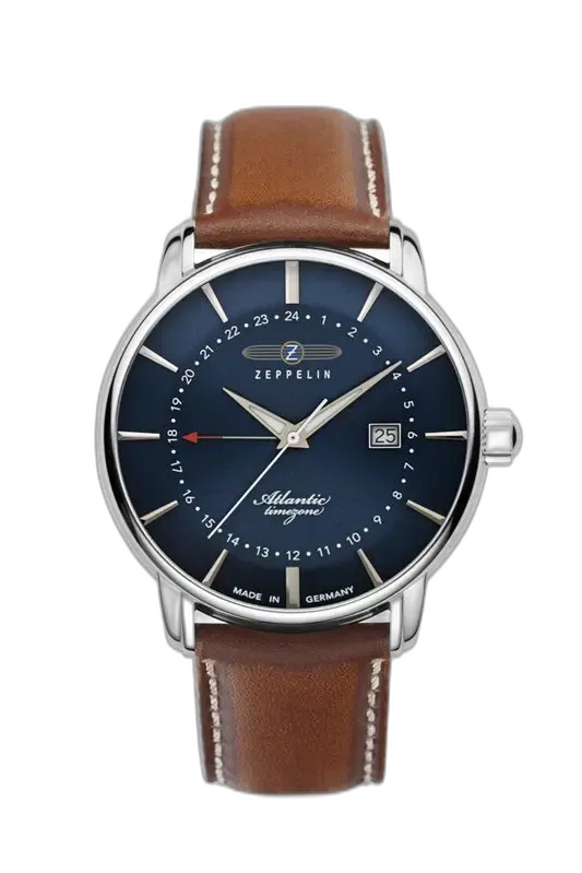 Klasyczny zegarek Zeppelin Atlantic 8442-3 z granatową tarczą, eleganckim datownikiem oraz wskaźnikiem strefy czasowej. Koperta wykonana z polerowanej stali szlachetnej, uzupełniona brązowym, skórzanym paskiem z przeszyciami, nadaje mu ponadczasowego charakteru. Wyjątkowa precyzja wykonania i niemiecka jakość to cechy wyróżniające ten model.