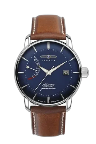Elegancki zegarek Zeppelin Atlantic 8462-3 Automatik z granatową tarczą i srebrną kopertą, wyposażony w wskaźnik rezerwy chodu, datownik oraz brązowy pasek ze skóry naturalnej. Klasyczny design inspirowany stylem marynistycznym, łączący niemiecką precyzję z ponadczasową estetyką. Idealny wybór dla miłośników zegarków automatycznych.