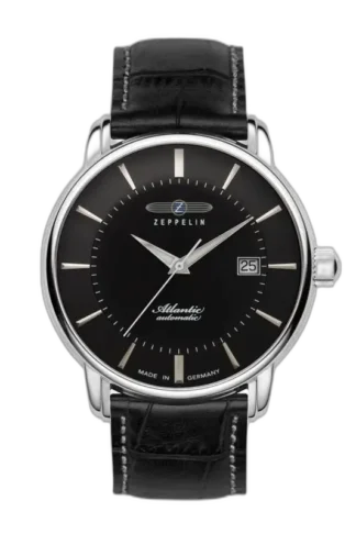 Zegarek męski Zeppelin Atlantic Automatic 8452-2 z czarną tarczą, funkcją datownika i eleganckim czarnym skórzanym paskiem z przeszyciami, klasyczny czasomierz wyprodukowany w Niemczech.