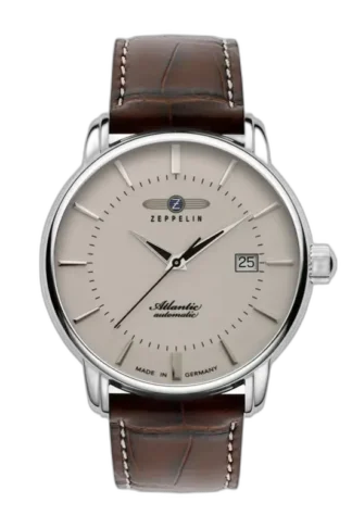 Zegarek Zeppelin Atlantic Automatic 8452-5 z kremową tarczą i eleganckim brązowym paskiem ze skóry. Klasyczny design z funkcją datownika oraz precyzyjny mechanizm automatyczny. Wykonany w Niemczech, idealny dla osób ceniących styl i jakość.