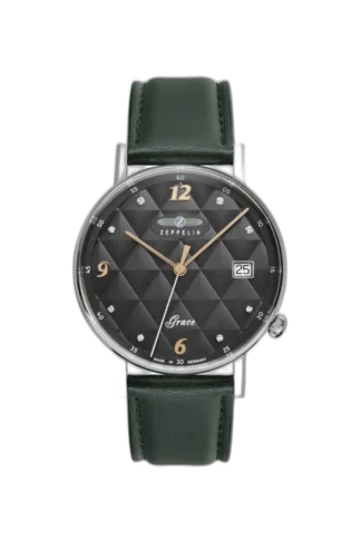 Zegarek damski Zeppelin Grace Lady 7441-2 z elegancką czarną tarczą o geometrycznym wzorze, zdobioną kryształkami i złotymi akcentami. Zielony skórzany pasek dodaje wyrafinowanego charakteru. Precyzyjne wykonanie w stylu klasycznej elegancji, idealny dla wymagających kobiet.