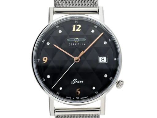 Elegancki zegarek damski Zeppelin Grace Lady 7441-1 z białą tarczą ozdobioną kryształkami, datownikiem i różowym skórzanym paskiem. Luksus i styl w niemieckim wydaniu.