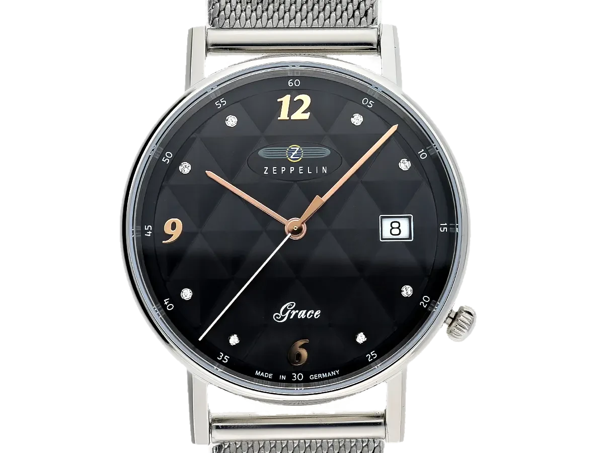 Elegancki zegarek damski Zeppelin Grace Lady 7441-1 z białą tarczą ozdobioną kryształkami, datownikiem i różowym skórzanym paskiem. Luksus i styl w niemieckim wydaniu.