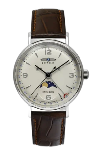 Zegarek damski Zeppelin Hindenburg Moonphase Lady 8077-5 z kremową tarczą, funkcją faz księżyca, wskazaniem dnia tygodnia i datą, na eleganckim brązowym skórzanym pasku, klasyczny czasomierz wyprodukowany w Niemczech.