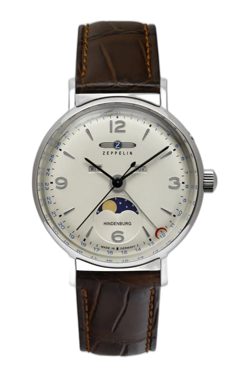 Zegarek damski Zeppelin Hindenburg Moonphase Lady 8077-5 z kremową tarczą, funkcją faz księżyca, wskazaniem dnia tygodnia i datą, na eleganckim brązowym skórzanym pasku, klasyczny czasomierz wyprodukowany w Niemczech.