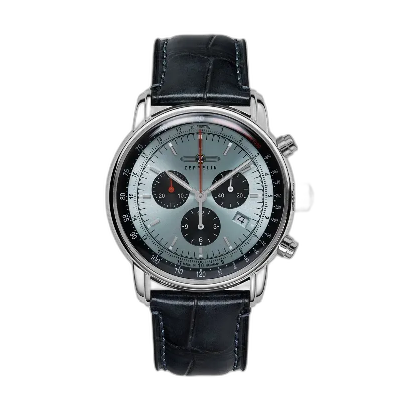 Zegarek męski Zeppelin LZ 14 Marine 8886-2 Quartz z jasnoniebieską tarczą, granatowym skórzanym paskiem, funkcją chronografu i datownikiem, elegancki czasomierz w stylu klasycznym, wyprodukowany w Niemczech.
