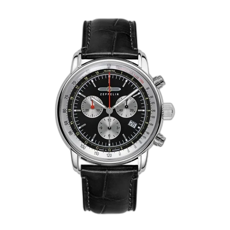Zegarek męski Zeppelin LZ 14 Marine 8888-2 Quartz z czarną tarczą, skórzanym paskiem w kolorze czarnym, funkcją chronografu i datownikiem, elegancki czasomierz wyprodukowany w Niemczech, idealny dla miłośników klasyki.