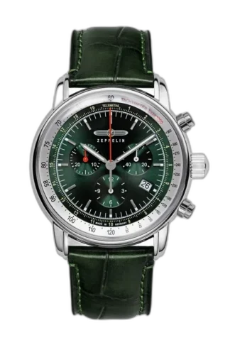 Zegarek męski Zeppelin LZ 14 Marine 8888-4 Quartz z zieloną tarczą, skórzanym paskiem w odcieniu zieleni, funkcją chronografu i datownikiem, elegancki czasomierz w klasycznym stylu, wyprodukowany w Niemczech.